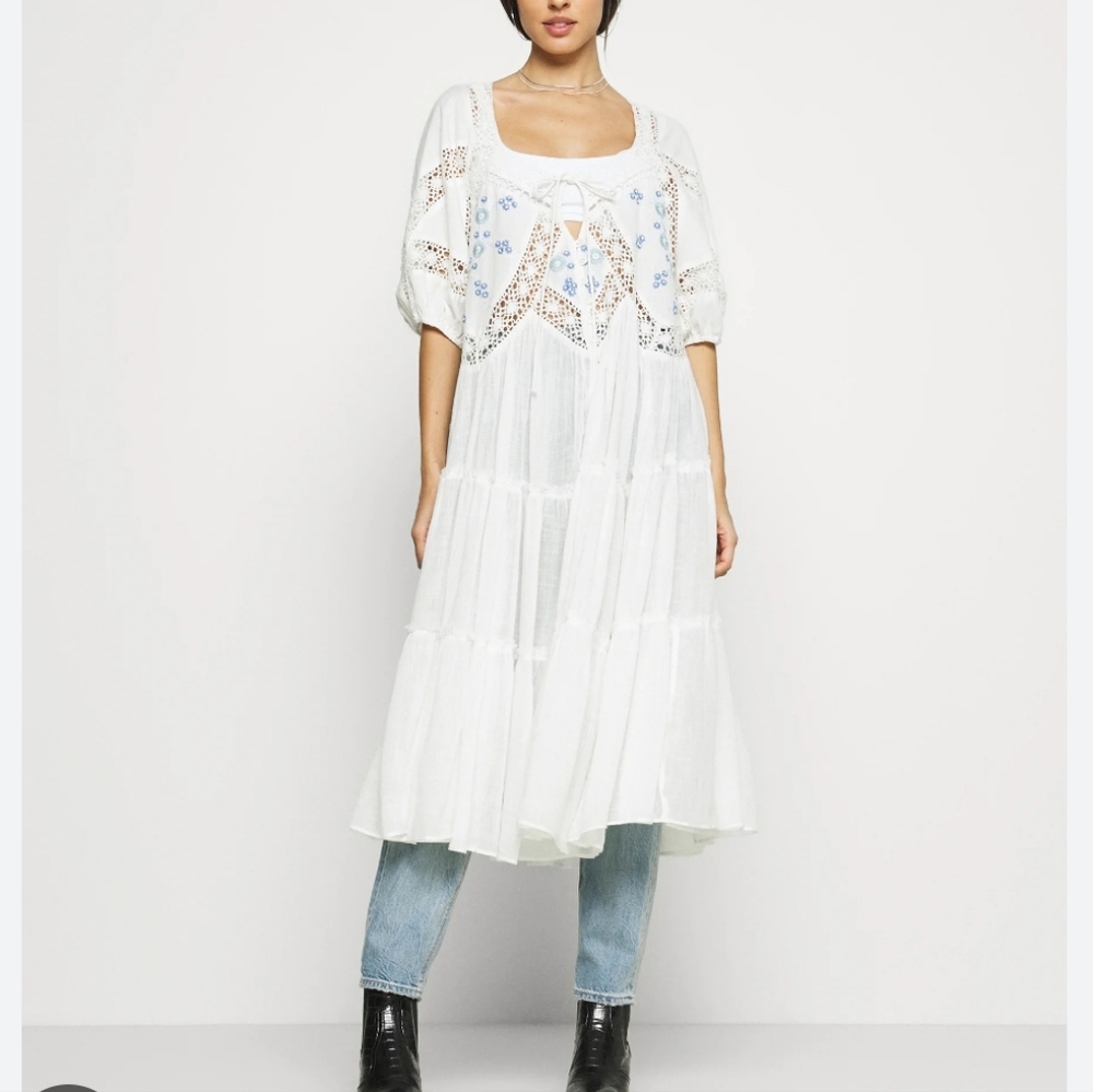 Free People Delilah Tiered Maxi Top Billowy Crochet Lace Embroidered Ivory S NWT - Picture 12 of 16